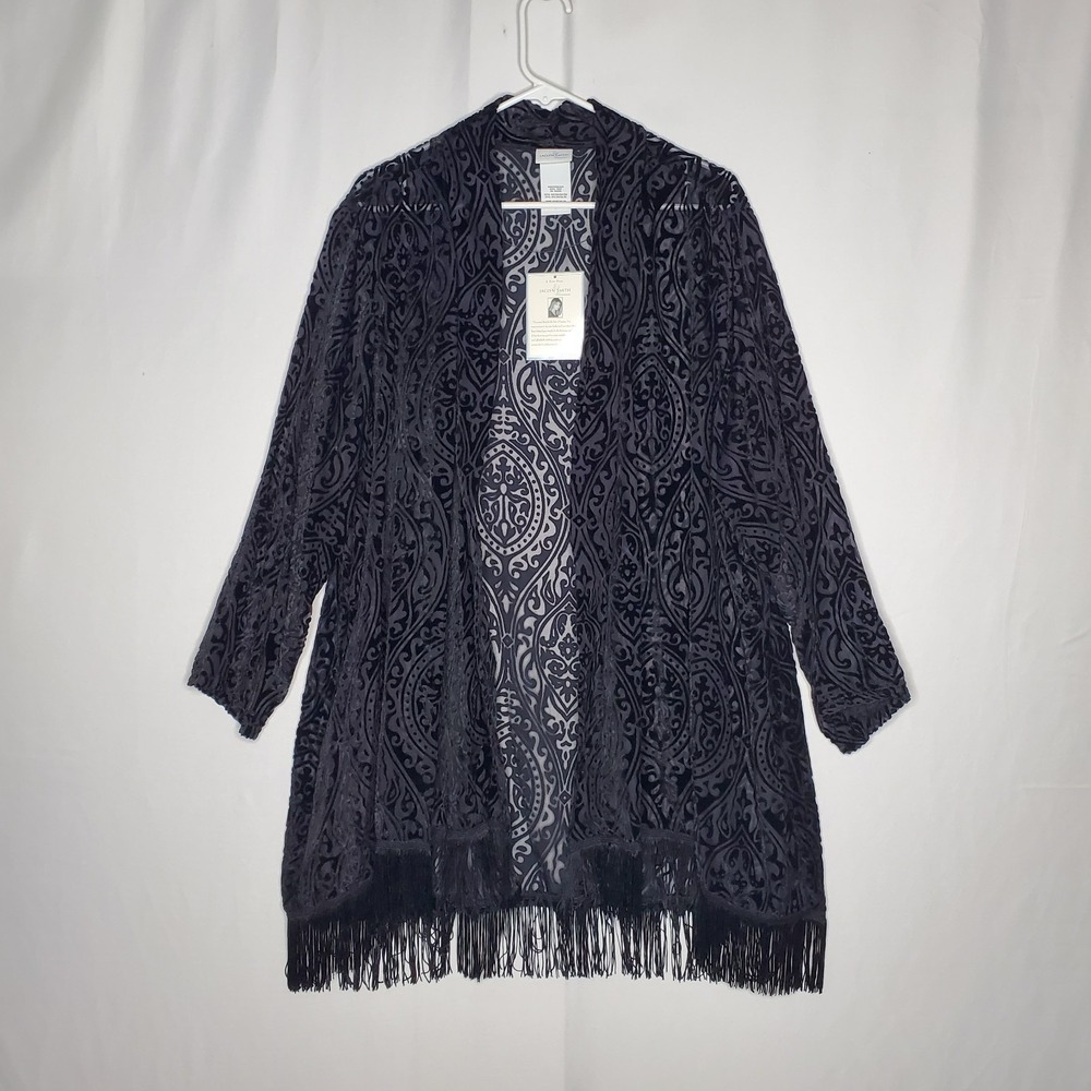 Jaclyn‎ Smith Burnout Velvet Overlay Cardigan Women 3X Sheer Paisley Fringe Open